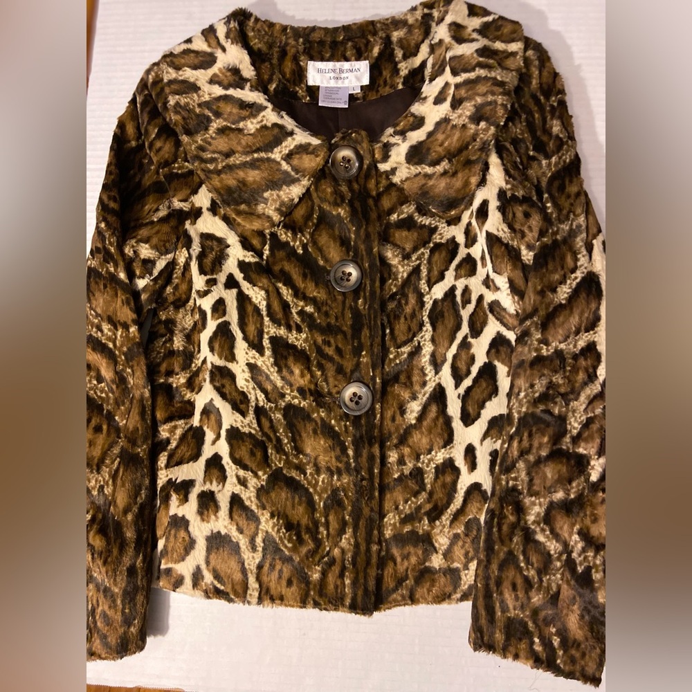 HELENE BERMAN LONDON Faux Fur Leopard Print Jacket, Size Large
